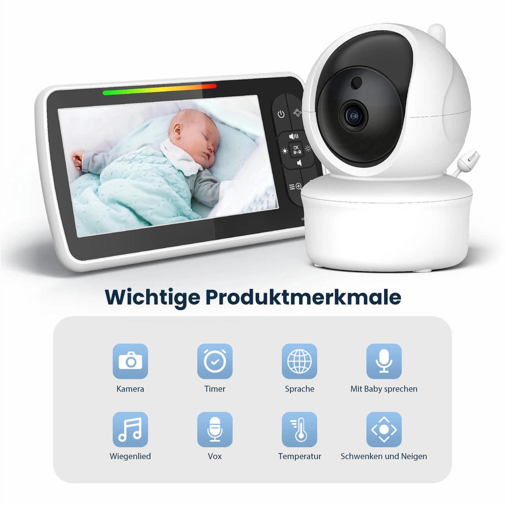 SM650 5.0" LCD Video Babyfon mit Kamera – Sichere 300m Reichweite, Nachtsicht, Gegensprechfunktion, Temperaturüberwachung & Schwenk- & Neigefunktion