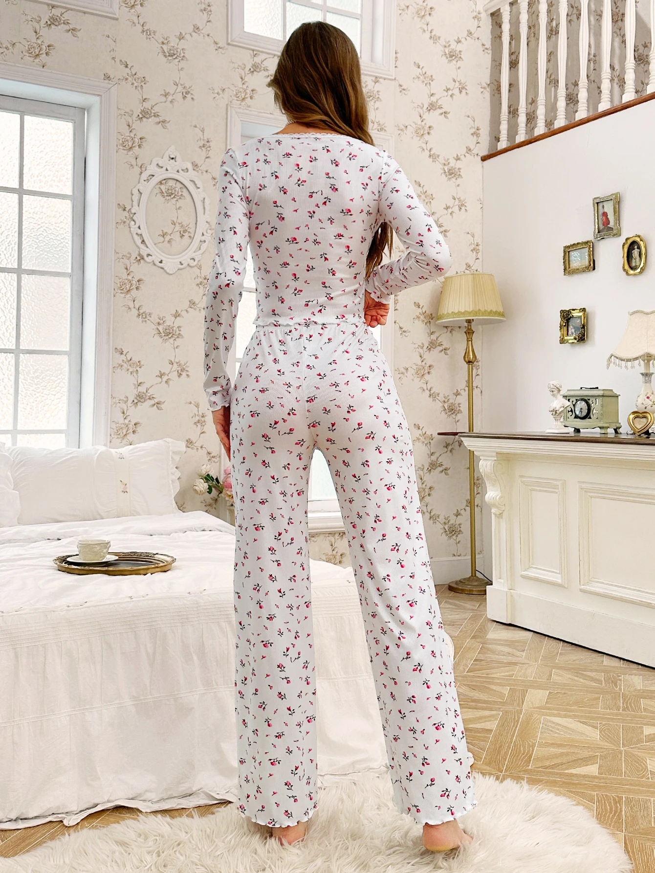 Damen Nachtwäsche ditsy Blumen druck Salat besatz Pyjama Set elastischen Bund Lounge wear Vollarm Nachtwäsche