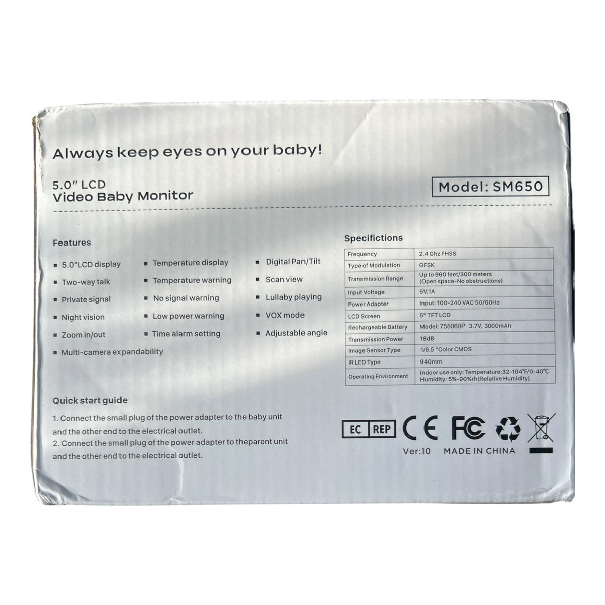 SM650 5.0" LCD Video Babyfon mit Kamera – Sichere 300m Reichweite, Nachtsicht, Gegensprechfunktion, Temperaturüberwachung & Schwenk- & Neigefunktion